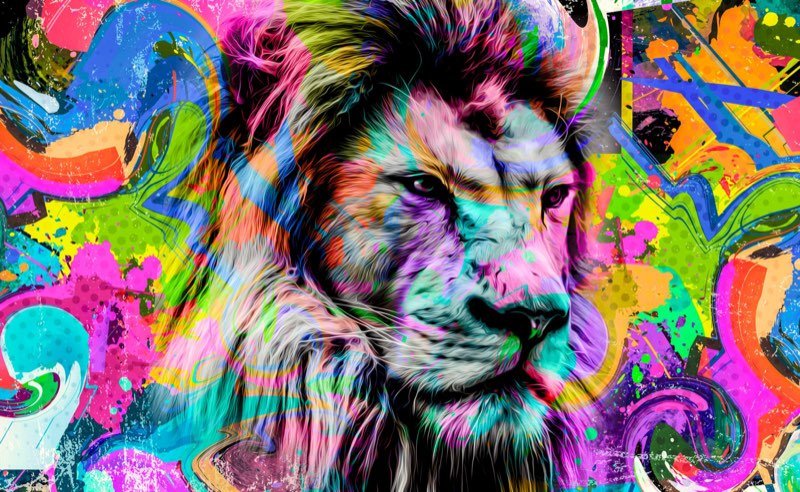 Ilustração digital de um leão cercado por respingos e grafismos coloridos