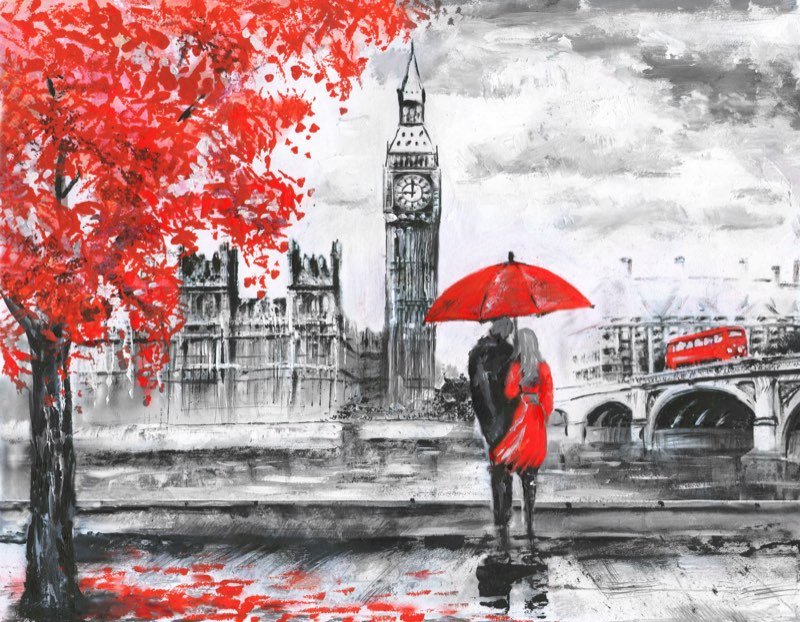 Pintura de um casal com guarda-chuva vermelho diante do Big Ben